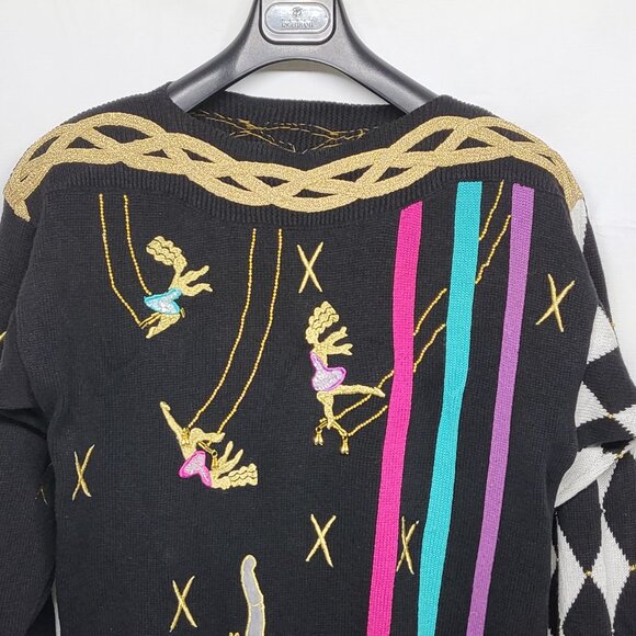 Vintage Womens Sweater One Size Plus Circus Whimsical Embroidered Chain Beads - Picture 2 of 15